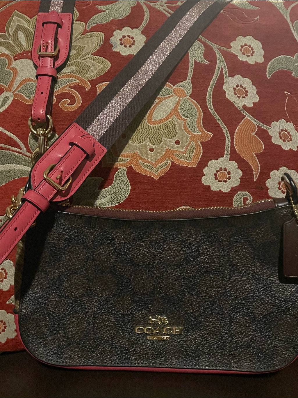 Coach Brown Signature Crossbody With Pink Strap